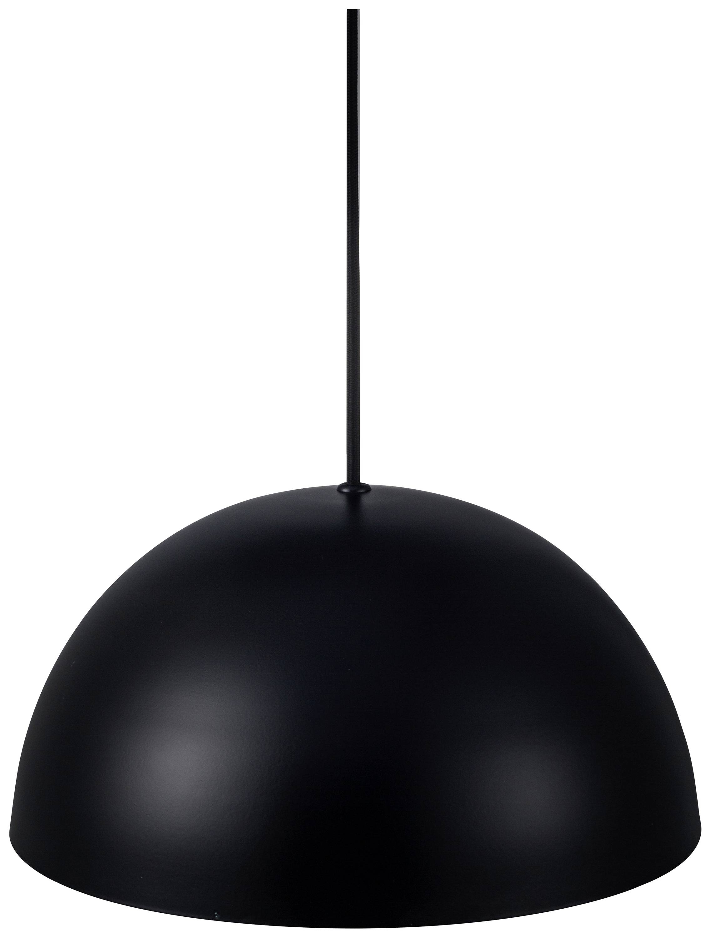 Schwarze, kuppelförmige Pendelleuchte mit einem dünnen Kabel, minimalistisches Design, geeignet für moderne Wohnräume.