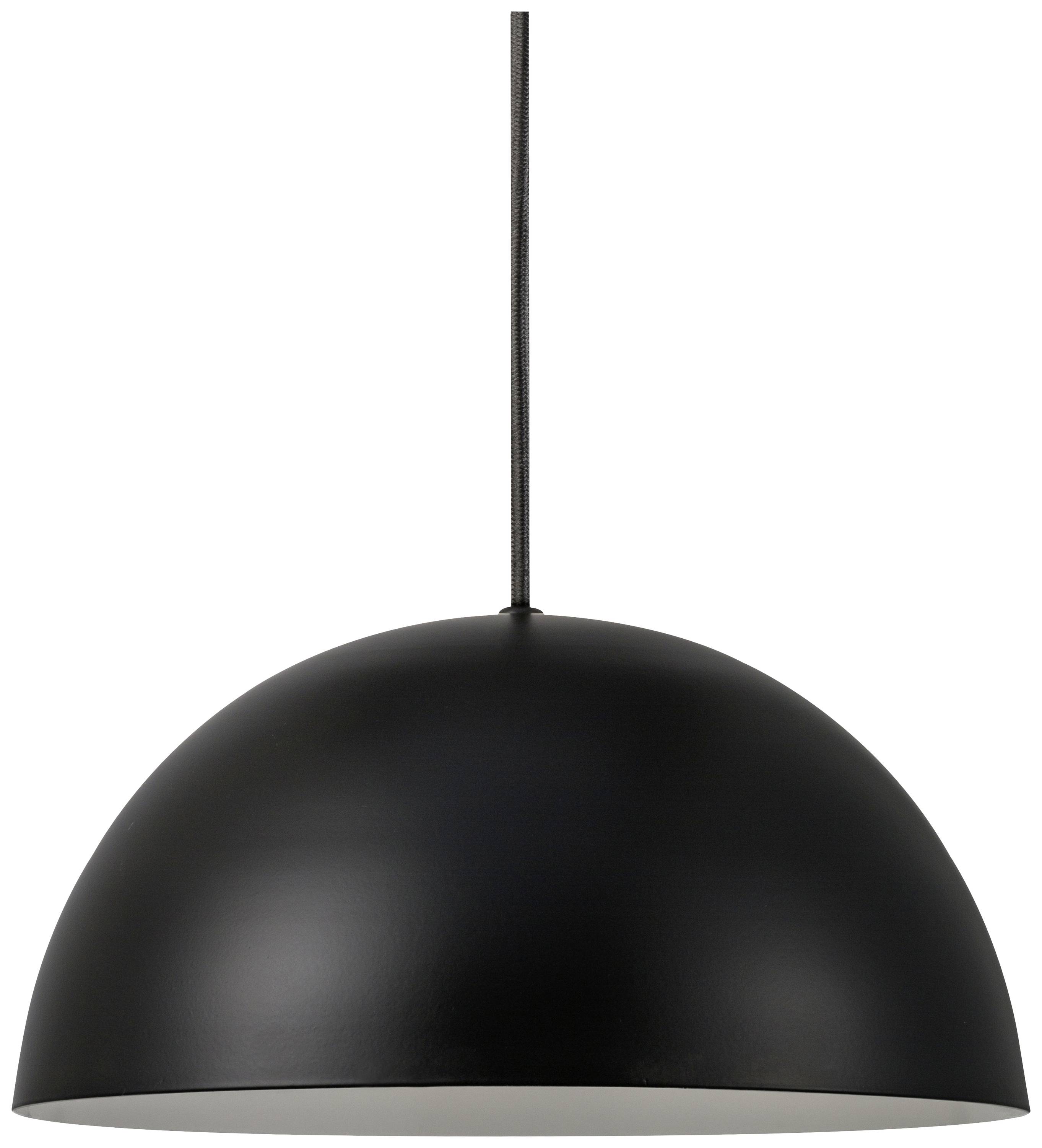 Schwarze, halbkugelförmige Deckenleuchte mit glatter Oberfläche und dünnem Kabel.