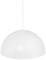 Weiße, halbkugelförmige Hängelampe mit glatter Oberfläche, die an einem dünnen Kabel von der Decke hängt. Minimalistisches Design.