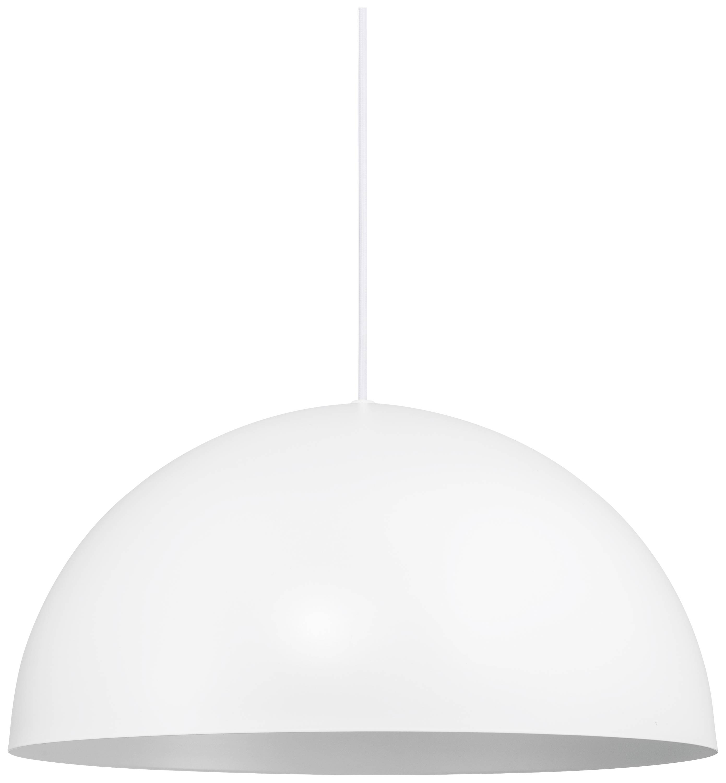Weiße, halbkugelförmige Hängelampe mit dünnem Kabel, minimalistisches Design.