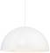 Eine weiße, halbkugelförmige Pendelleuchte hängt von der Decke herab. Sie hat ein schlichtes, modernes Design.