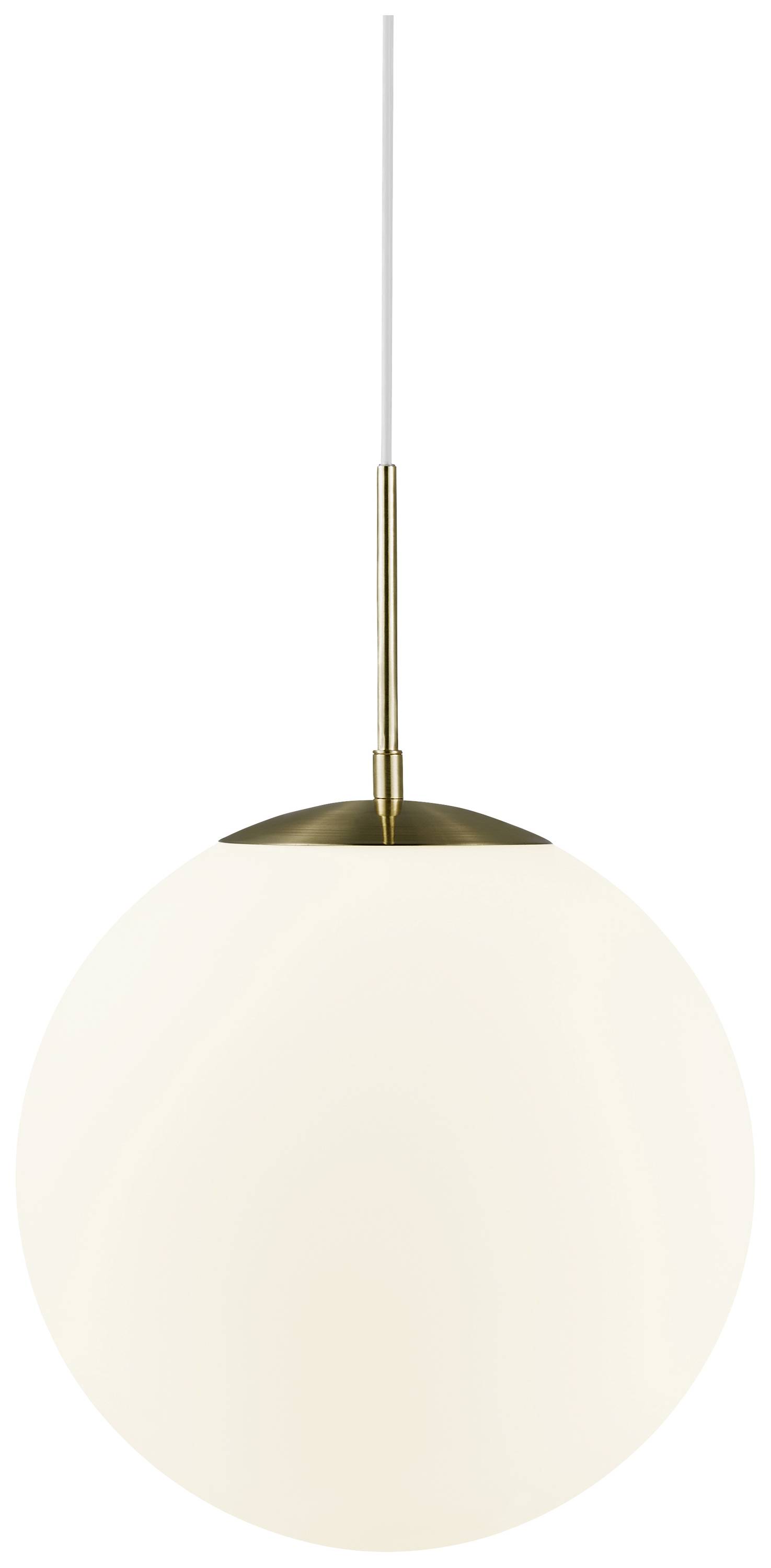 Eine kugelförmige Deckenleuchte mit weißem Schirm und goldener Befestigung. Sie hängt an einem dünnen Kabel.