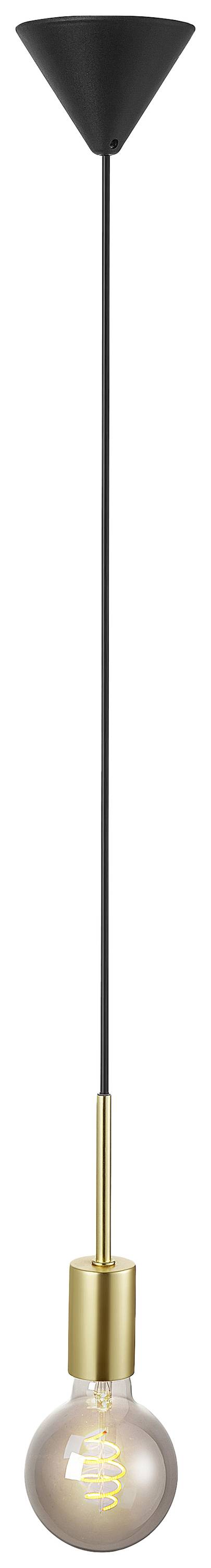 Hängelampe mit schwarzem Kabel, goldenem Sockel und glühender Glühbirne. Ideal für moderne, minimalistische Inneneinrichtung.