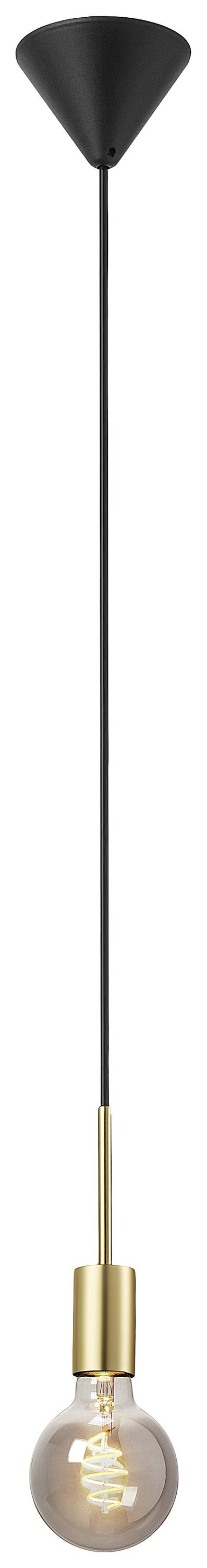 Pendelleuchte mit schwarzem Kabel, goldenem Lampensockel und einer Glühbirne mit sichtbarem Glühdraht. Minimalistisches Design.