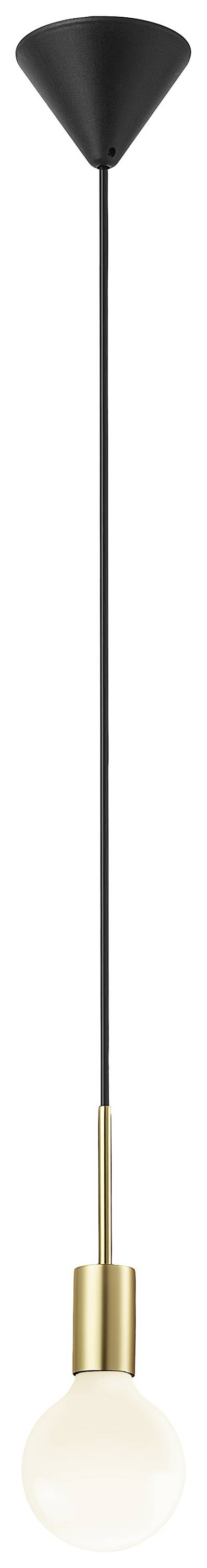 'Hängelampe mit schwarzem Kabel, goldener Fassung und weißem runden Leuchtmittel, minimalistisches Design.'