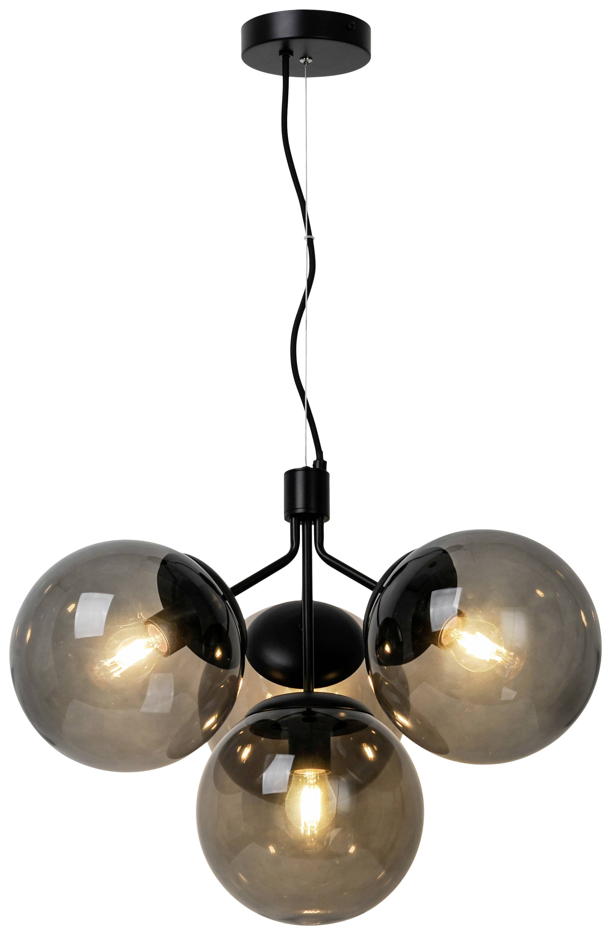 Eine moderne Deckenlampe mit drei kugelförmigen, rauchfarbenen Glaskugeln, die warmes Licht abstrahlt. Ideal für Wohnzimmerbeleuchtung.