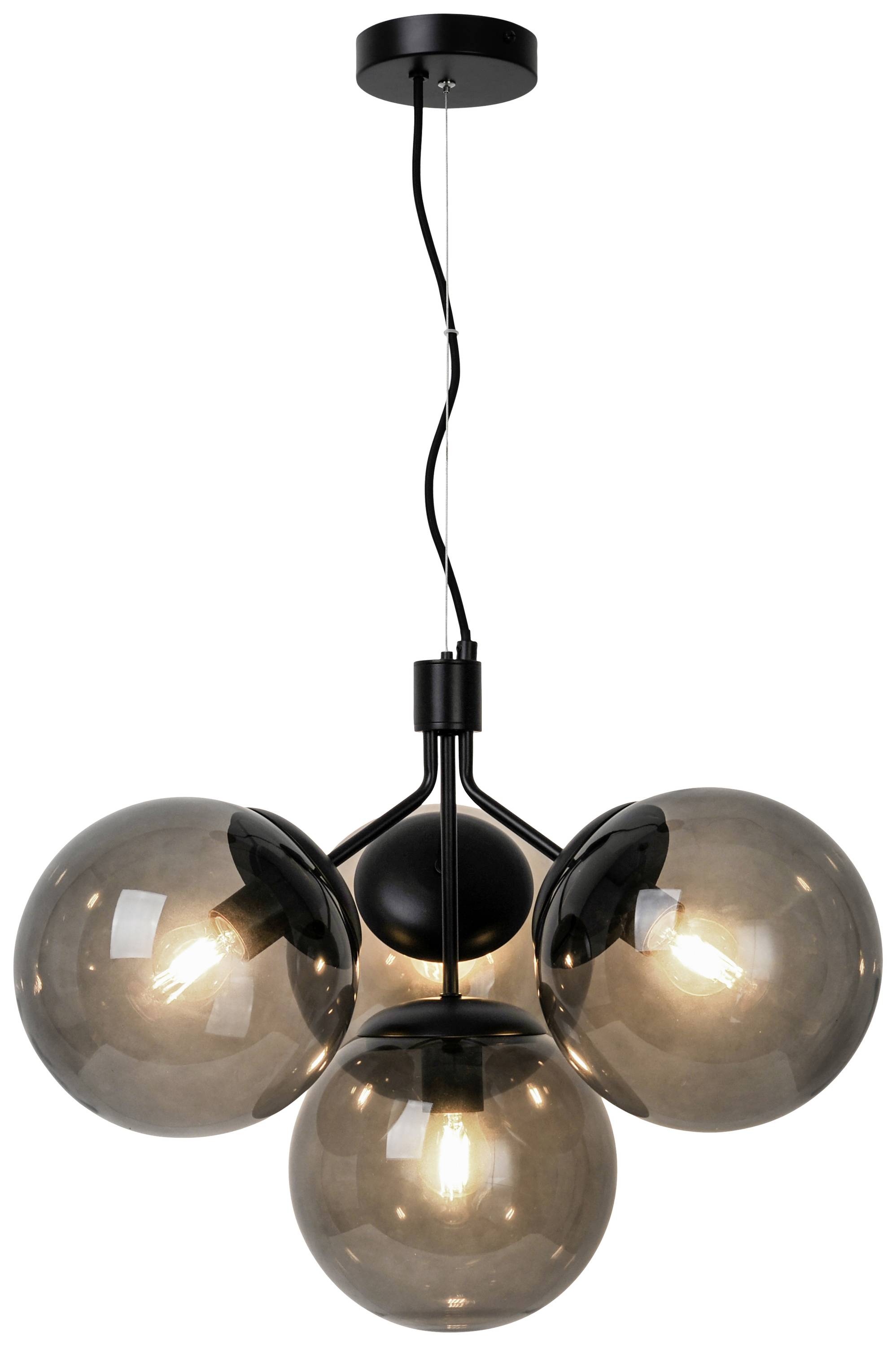 Eine moderne Hängelampe mit vier kugelförmigen, rauchgrauen Glasschirmen, die von einem zentralen schwarzen Metallsockel ausgehen.
