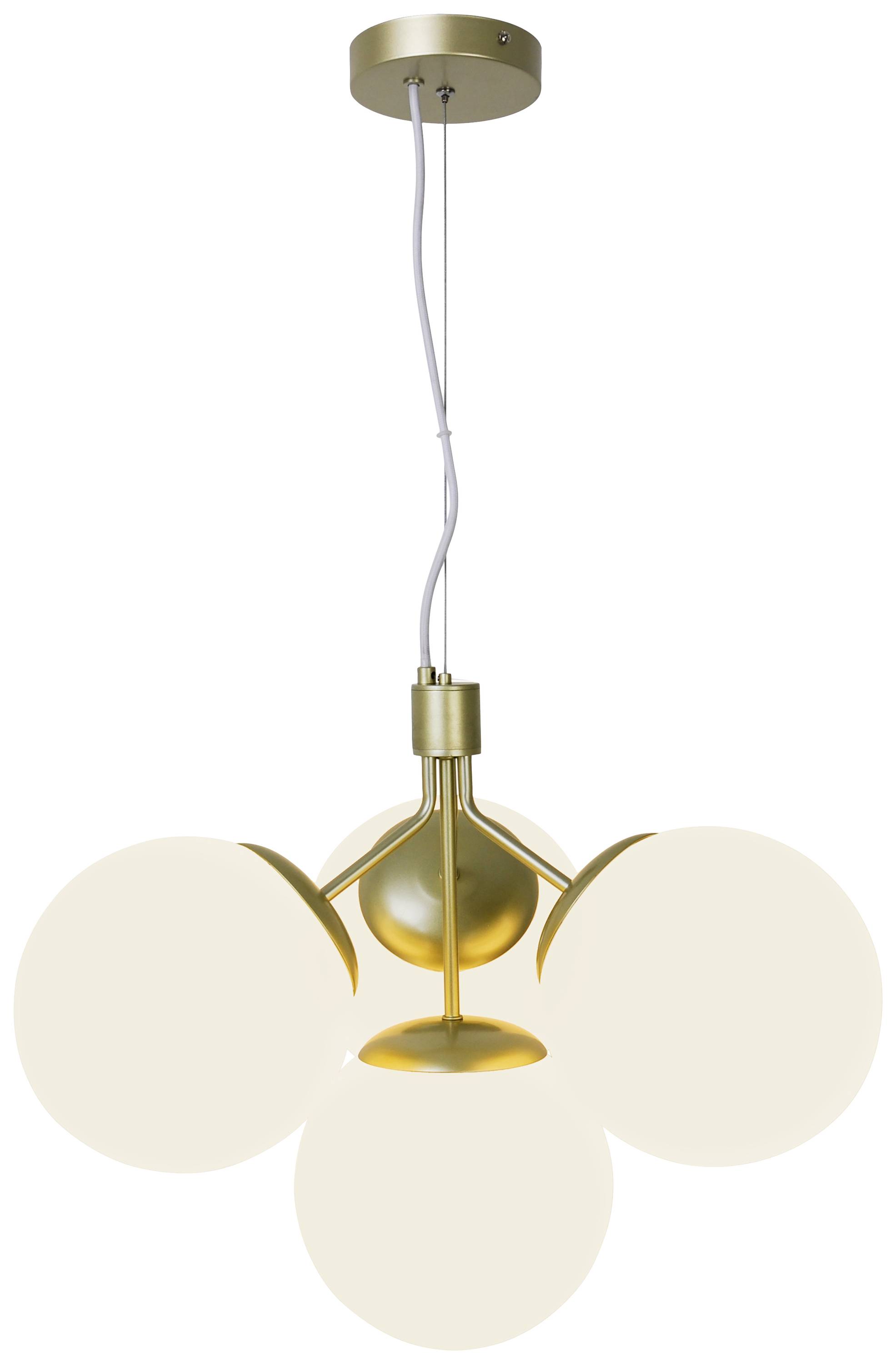 Moderne Pendelleuchte mit fünf kugelförmigen, milchglasartigen Lampenschirmen und einem messingfarbenen Metallrahmen.