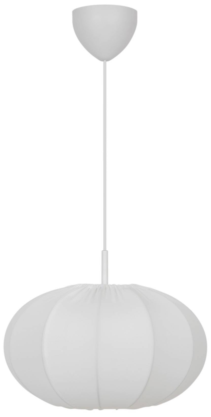 Weiße, runde Hängelampe mit geripptem Stoffschirm, von der Decke hängend, schlichtes Design für moderne Inneneinrichtung.