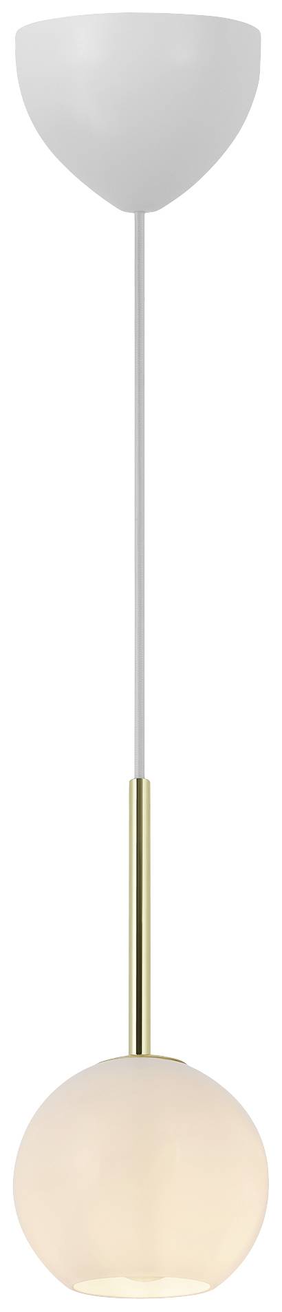 Hängelampe mit weißem Schirm und goldener Fassung. Der runde Lampenschirm wird von einem weißen Kabel getragen.