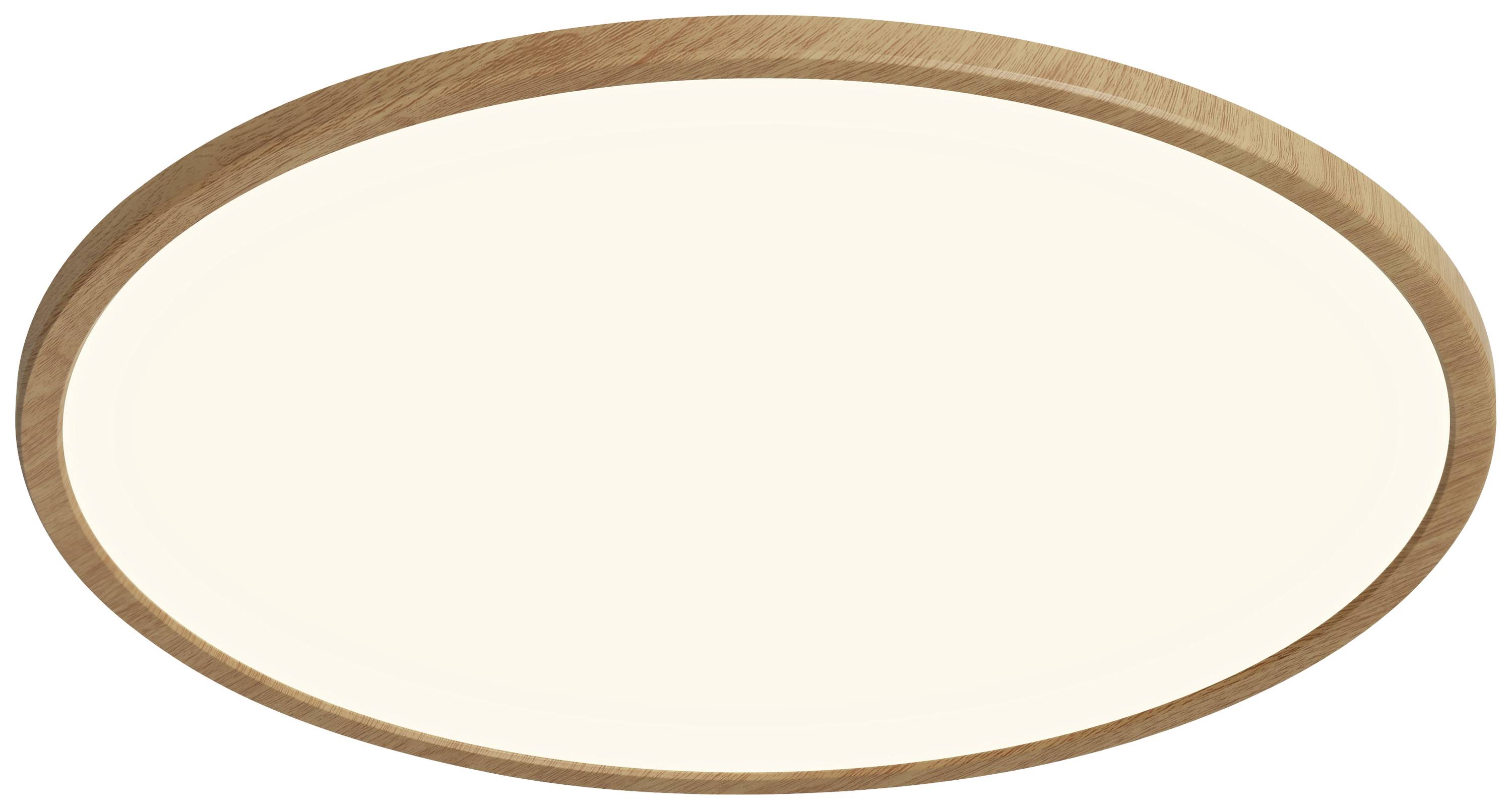 Runde Deckenleuchte mit Holzrahmen und weißem Lampenschirm. Modernes Design für Wohnräume.