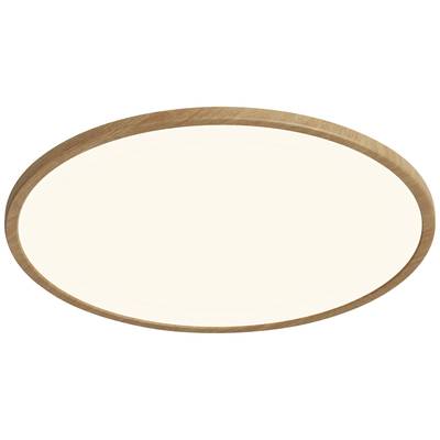 Runde Deckenleuchte mit Holzrahmen und weißem Lampenschirm. Modernes Design für Wohnräume.