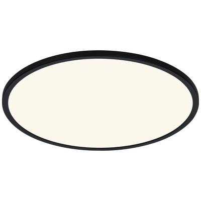 Eine runde Deckenleuchte mit schwarzem Rand und hellem Diffusor, die eine gleichmäßige Lichtverteilung bietet.