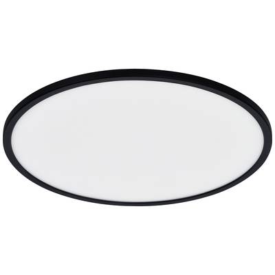 Eine runde, flache Deckenleuchte mit einem schwarzen Rahmen. Das Licht ist gleichmäßig verteilt und sorgt für eine moderne Beleuchtung.