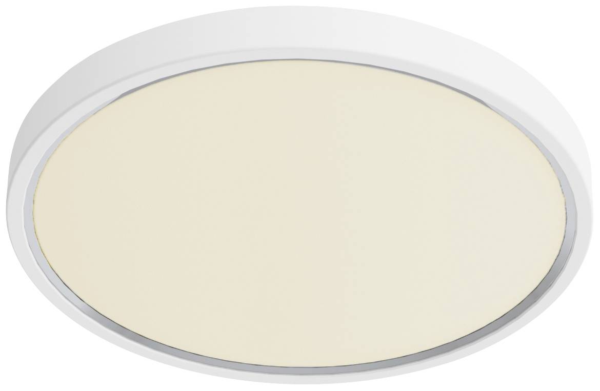 Eine runde, weiße Deckenleuchte mit neutralweißer Lichtabdeckung. Sie hat ein modernes und schlankes Design.