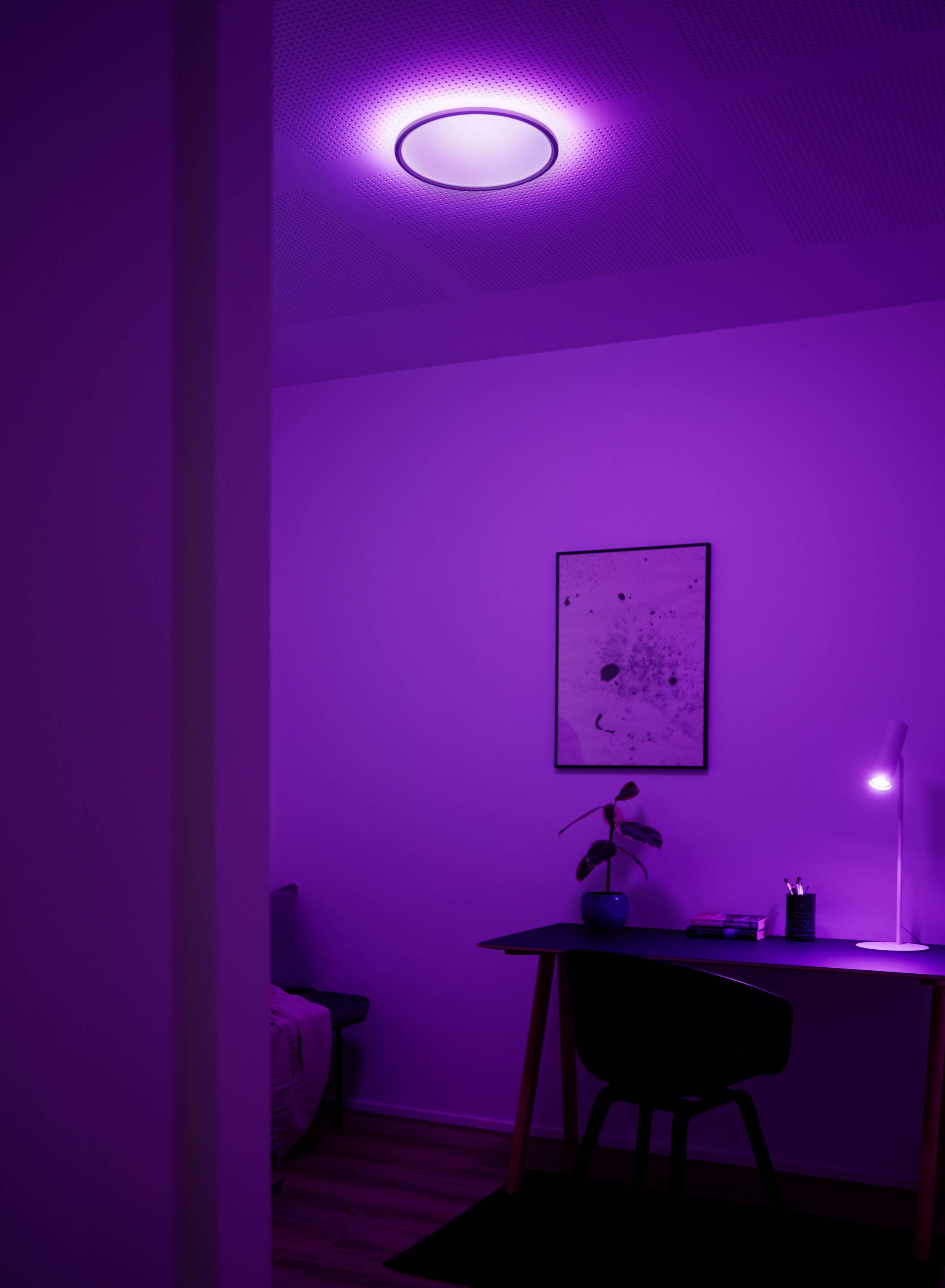 Ein stilvolles, lila beleuchtetes Arbeitszimmer mit Schreibtisch, Stuhl, Tischlampe, Pflanze und an der Wand hängendem Bild.