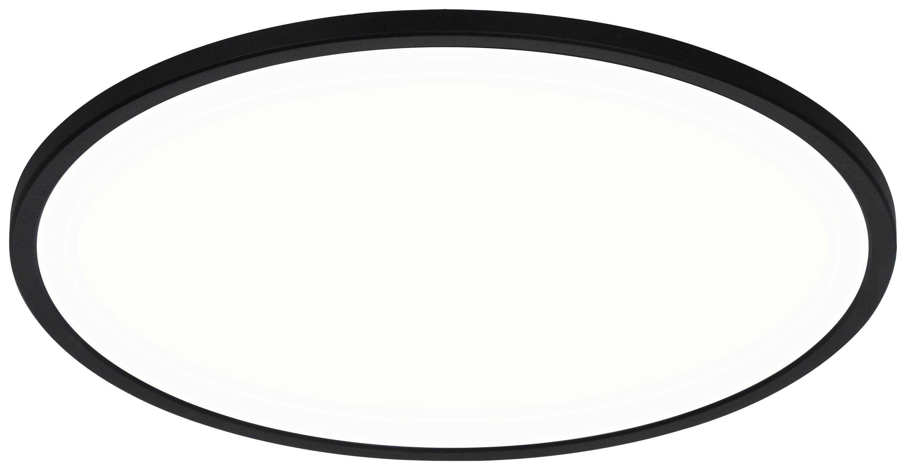 Runde, schwarze Deckenleuchte mit weißem Leuchtfeld, modernes Design, gleichmäßige Ausleuchtung.
