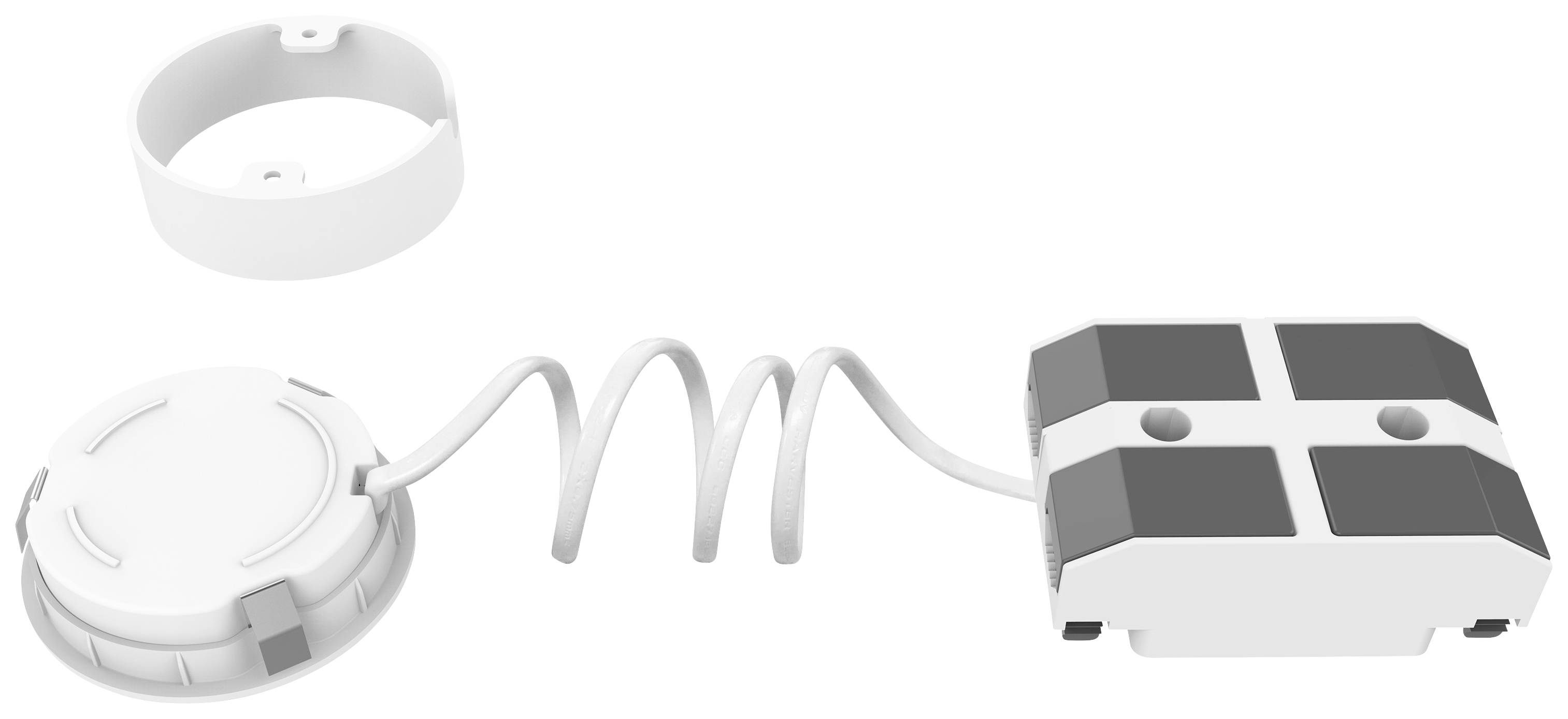 Weißes elektronisches Gerät mit abgerundeten Kanten und Spiralkabel, verbunden mit einer Basisstation. Überwachungs- oder Steuerfunktion.