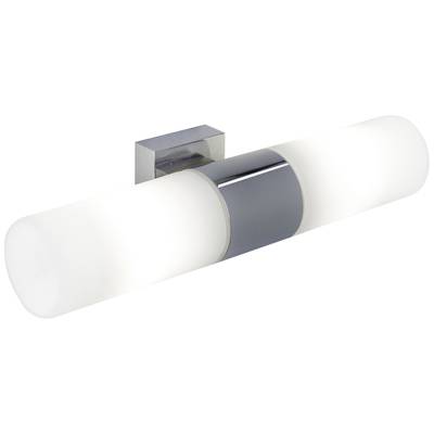 Wandleuchte mit zylindrischen Glasabdeckungen auf beiden Seiten, modernem Design, geeignet für Badezimmer oder Flurbeleuchtung.