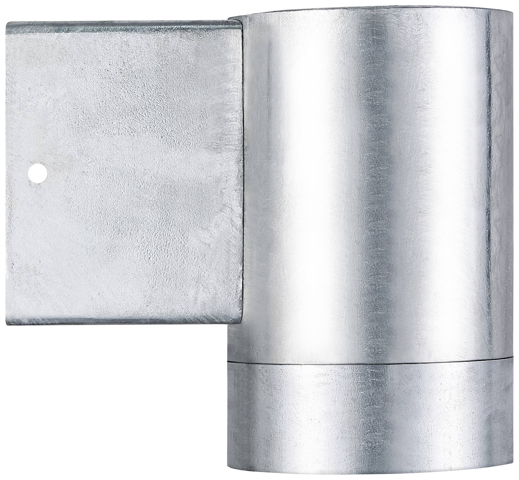Darstellung einer modernen, minimalistisch gestalteten silbernen Außenwandleuchte aus Metall mit zylindrischem Leuchtengehäuse.