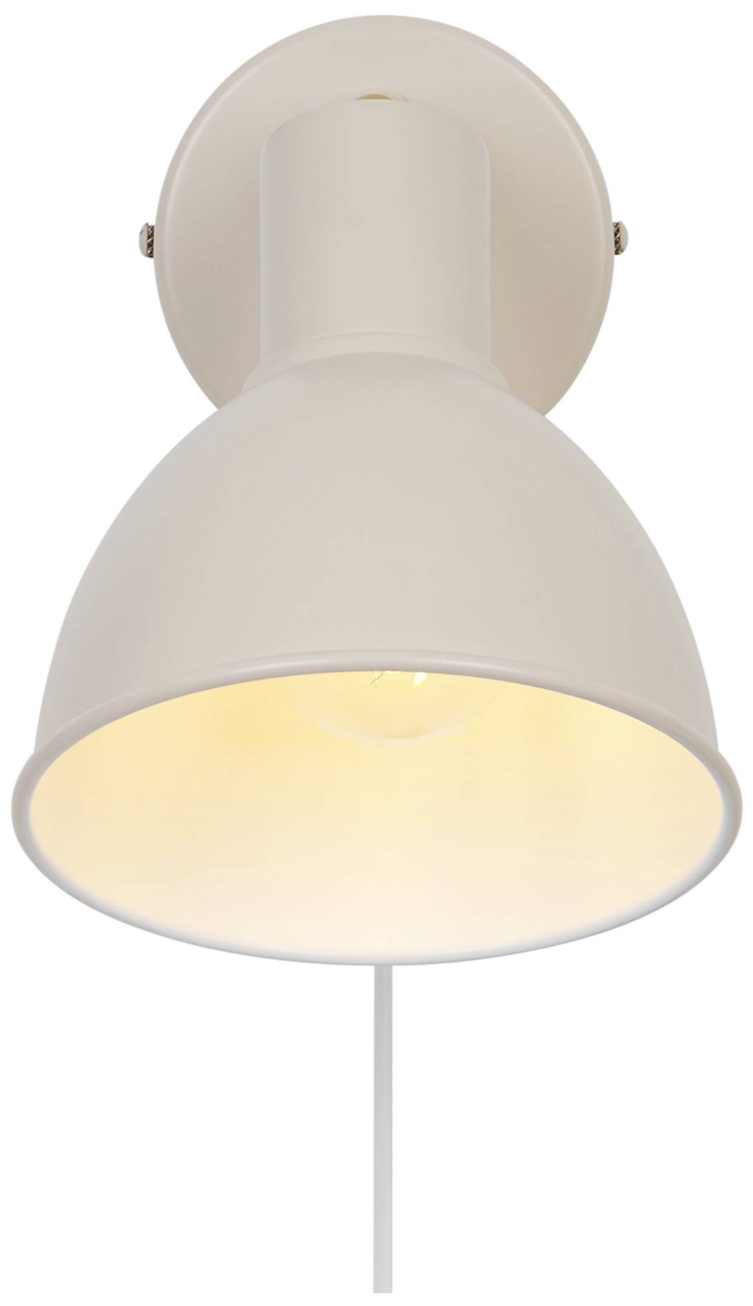 Weiße Wandlampe mit einfacher, abgerundeter Form und einem leicht gelben Schein. Geeignet für dezente Beleuchtung.