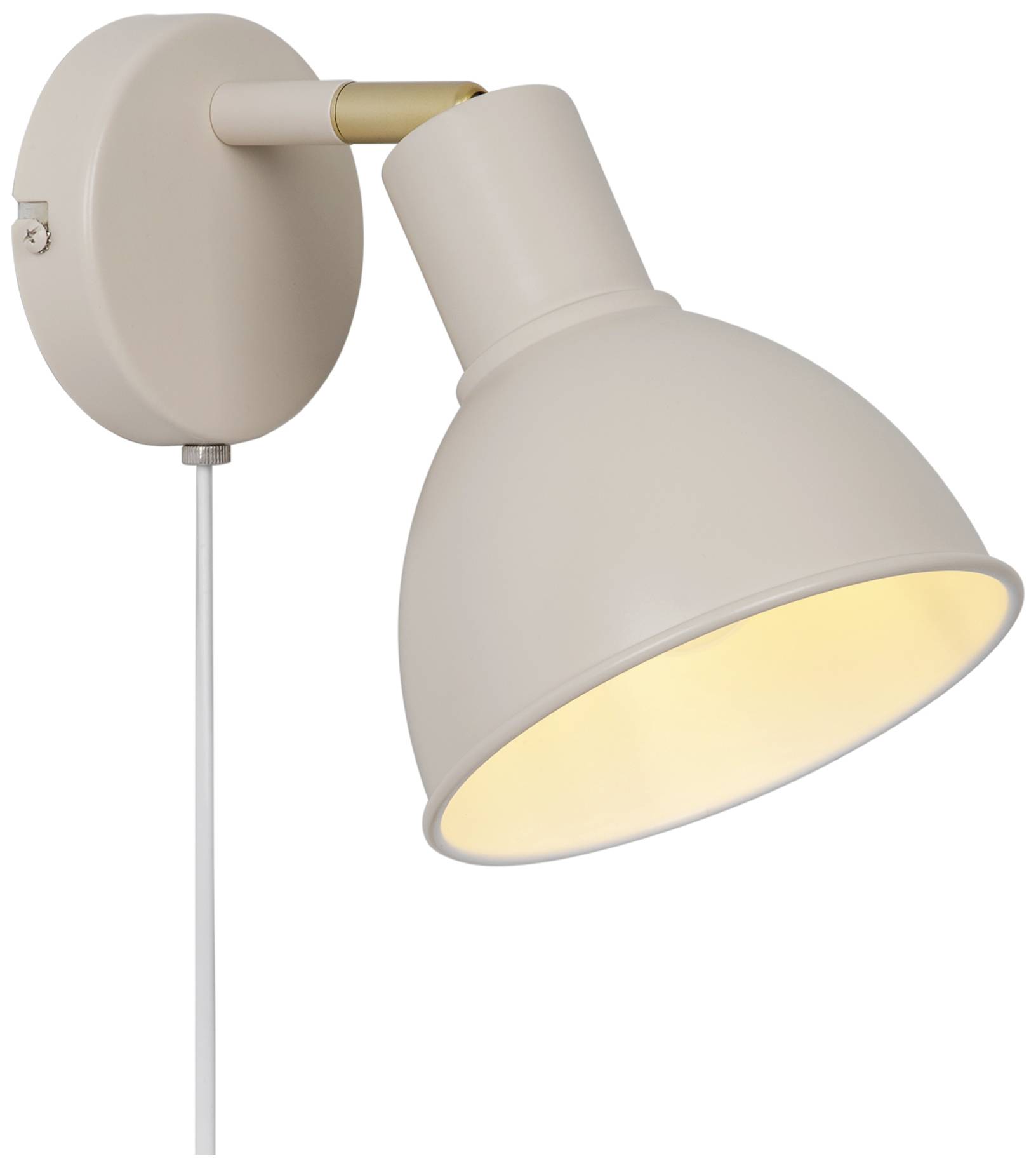 Wandleuchte mit rundem Sockel und verstellbarem Lampenschirm, beige, eingeschaltet. Licht strahlt nach unten.