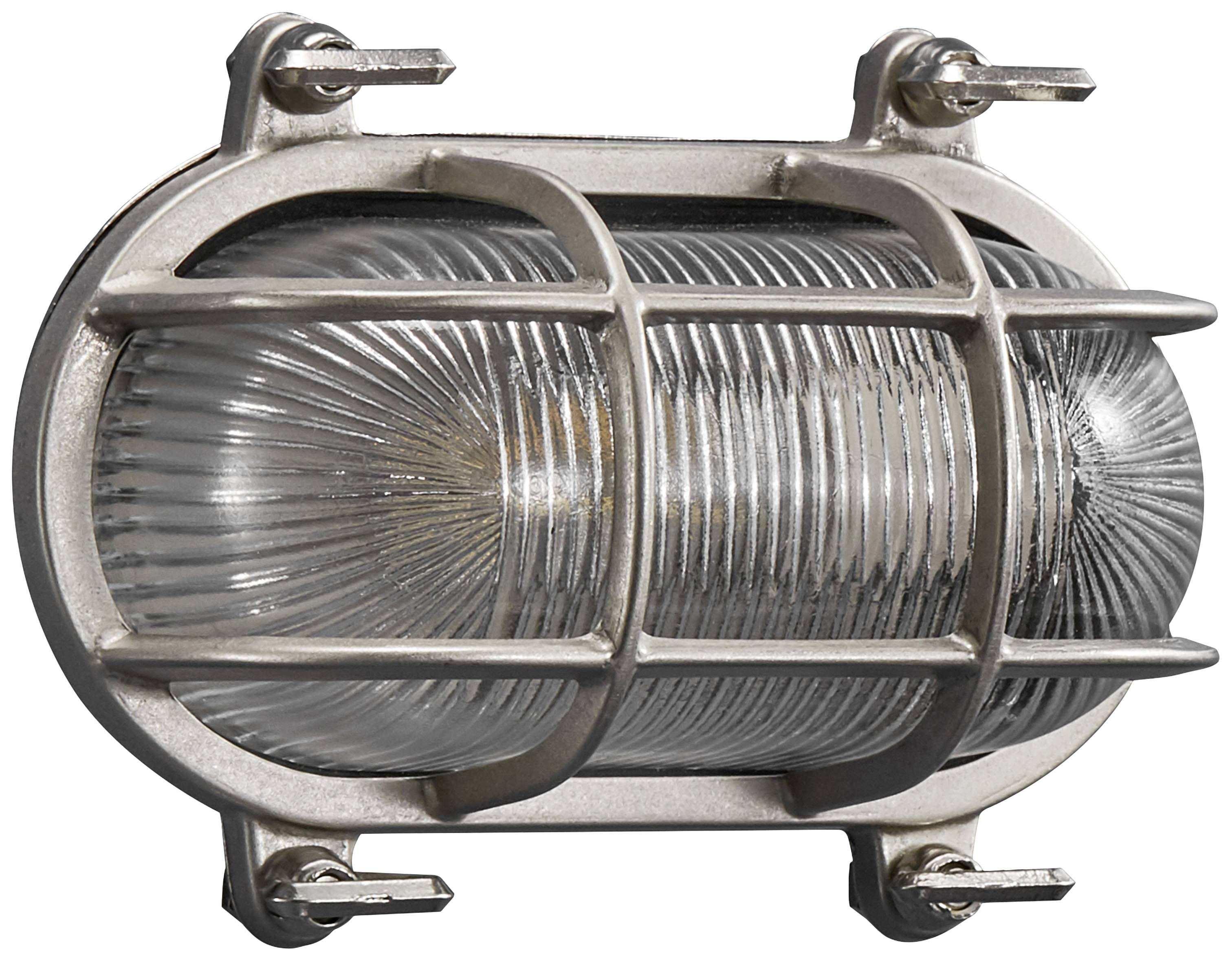 Industrieleuchte, oval, Metallgitter umgibt Glas, schützt vor Beschädigung. Geeignet für raue Umgebungen.