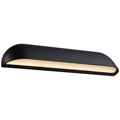 Schwarze Wandleuchte mit gebogener Abdeckung und warmweißer Lichtquelle, geeignet für moderne Innenräume.