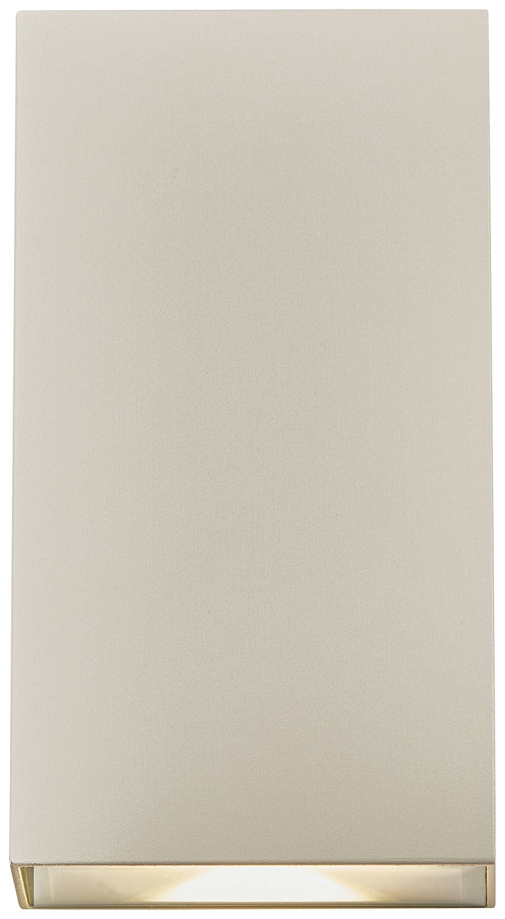 Eine beige, rechteckige Wandleuchte mit einem schmalen Lichtspalt am unteren Rand.