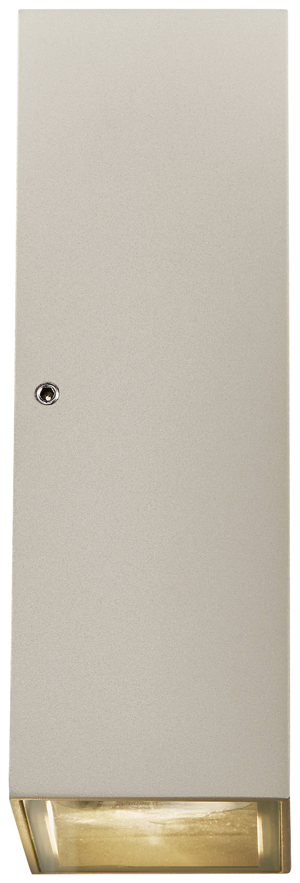 Wandleuchte mit rechteckigem, beigem Gehäuse und nach unten gerichtetem Lichtschein, ideal für moderne Innenraumbeleuchtung.