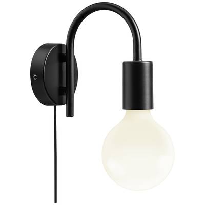 Schwarze Wandleuchte mit gebogenem Arm und sichtbarer Glühbirne. Modernes Design, geeignet für Innenbeleuchtung.