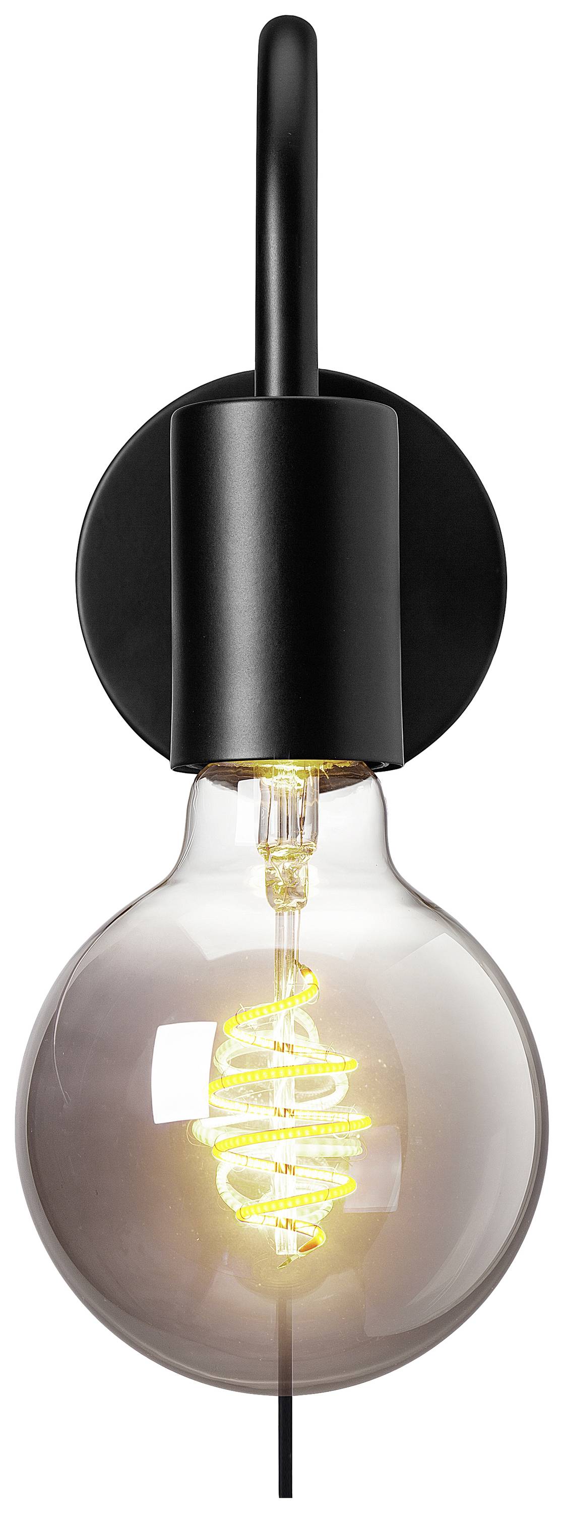 Stilvolle Wandlampe mit großem, kugelförmigem Glühbirne, LED-Leuchtfaden in Spiralform, schwarzes Gehäuse. Ideal für modernes Interior.