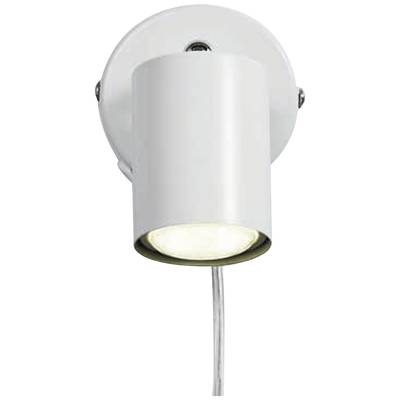 Weiße Wandlampe mit zylindrischem Design, nach unten gerichteter Lichtstrahl, an einer runden Wandhalterung befestigt.