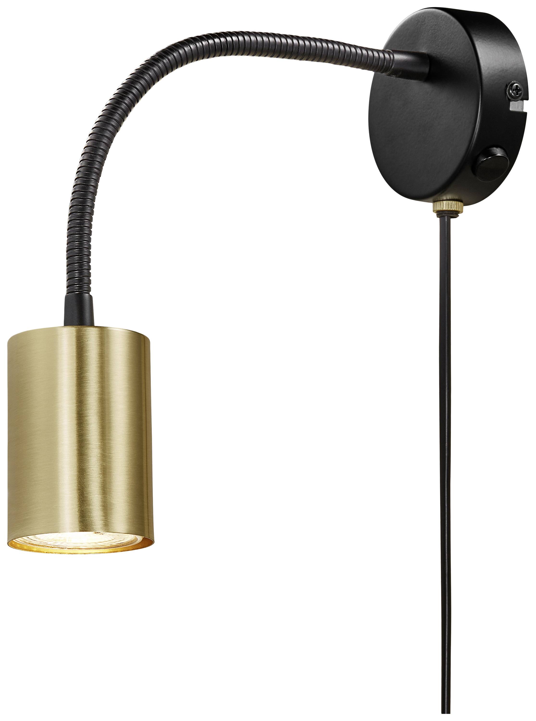 Schwarze Wandleuchte mit flexiblem Hals und goldener zylindrischer Fassung. Ideal für gerichtetes Licht und modernes Design.