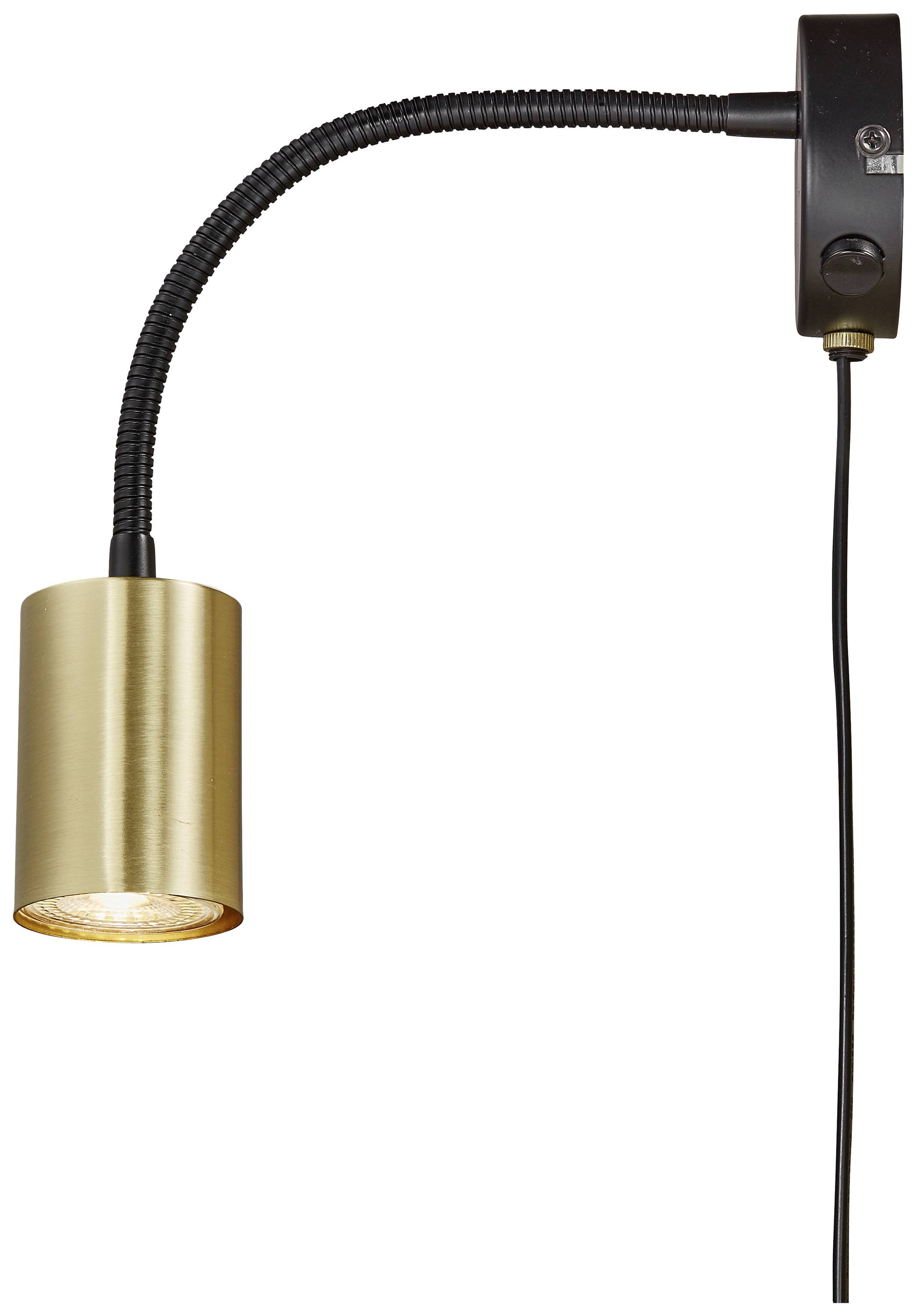 Goldfarbene, zylinderförmige Wandleuchte mit flexiblem Hals und schwarzem Kabel, geeignet als Leselampe oder Akzentbeleuchtung.