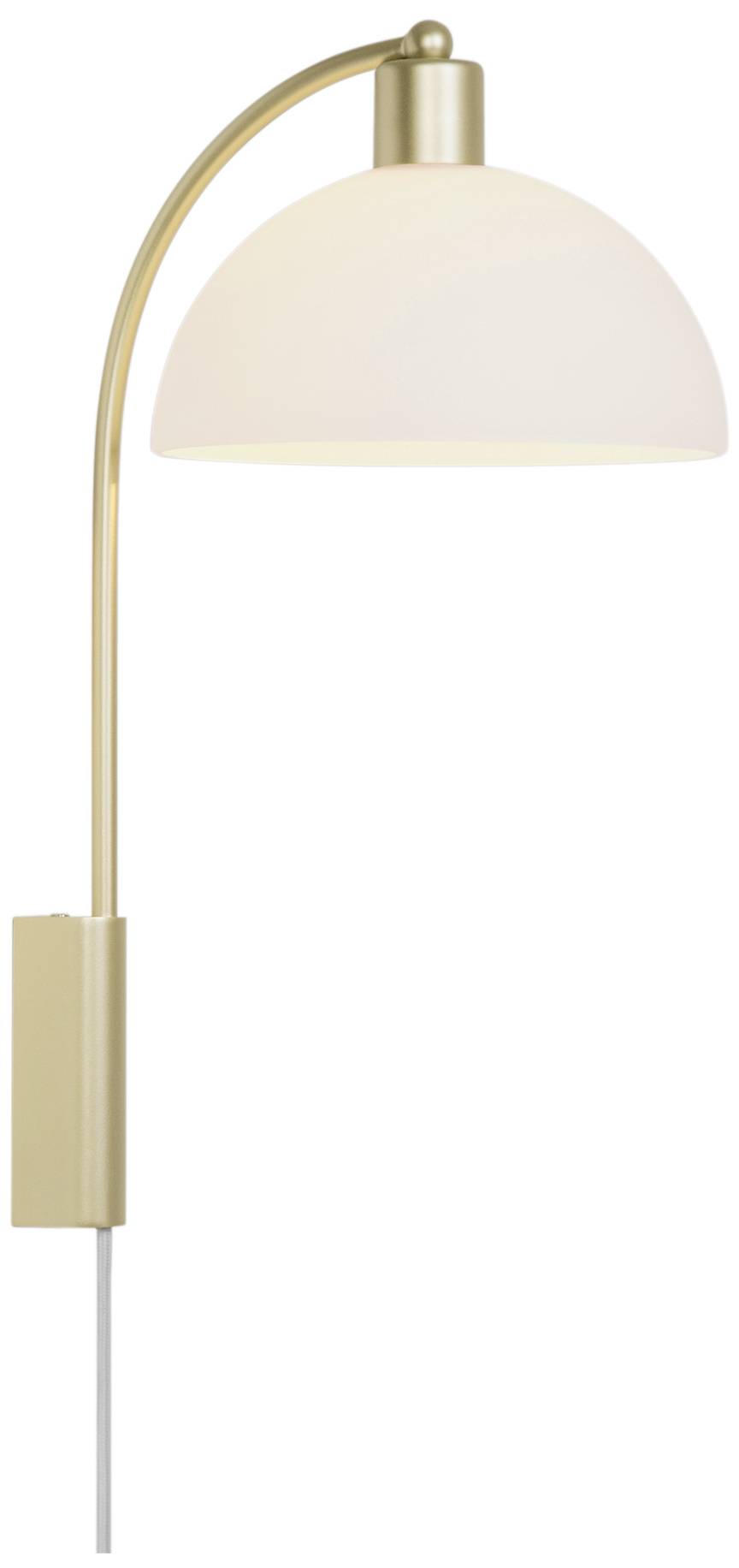 Eine goldene, bogenförmige Wandleuchte mit weißem, halbrundem Lampenschirm und Kabel. Ideal für moderne Inneneinrichtung.