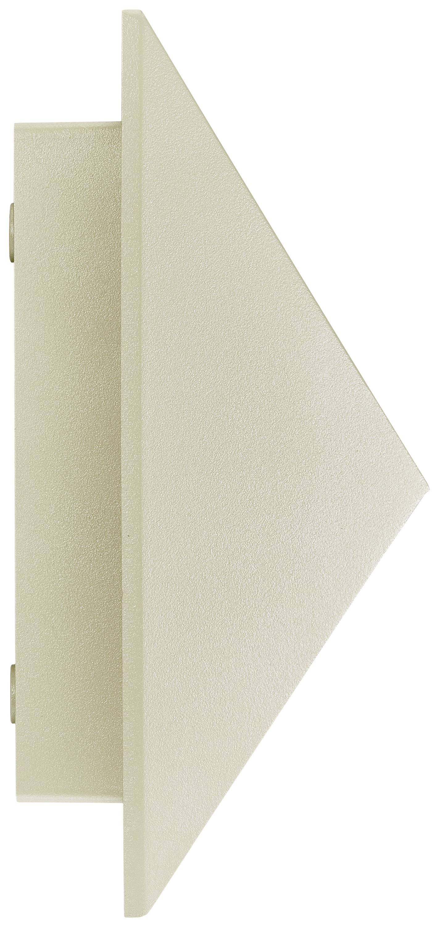 Dreieckige, beiges Wandlampe, seitliche Ansicht. Die Lampe zeigt nach rechts und hat eine glatte, matte Oberfläche.
