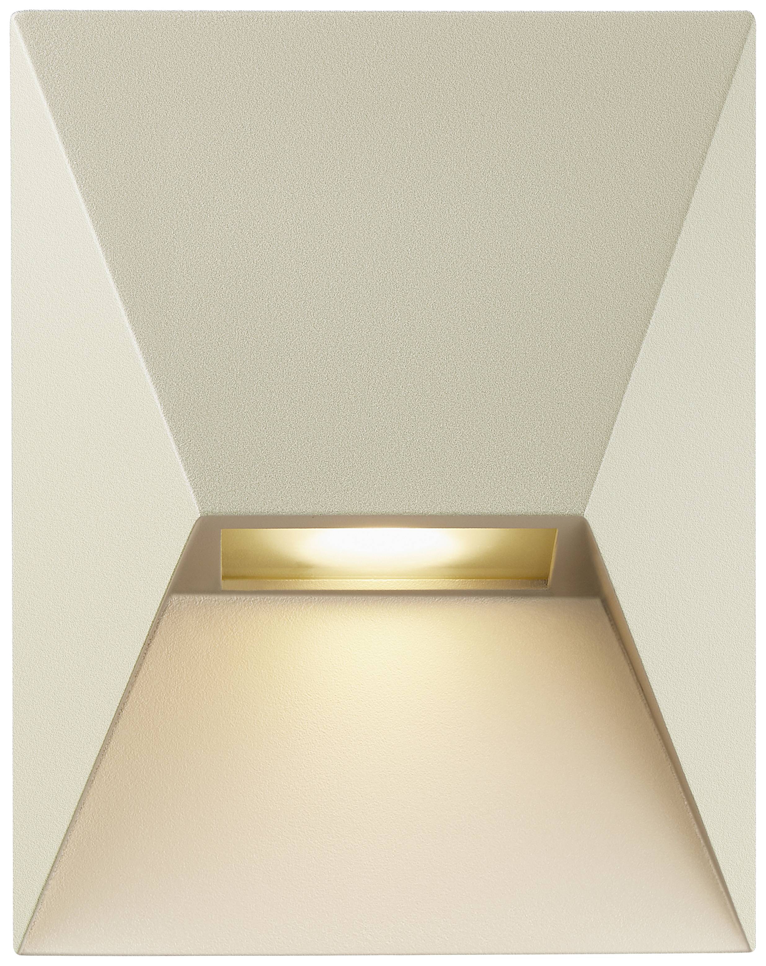 Beigefarbene Wandleuchte mit modernem, geometrischem Design. Ein diffuser Lichtstrahl strahlt von oben nach unten, sorgt für sanfte Beleuchtung.