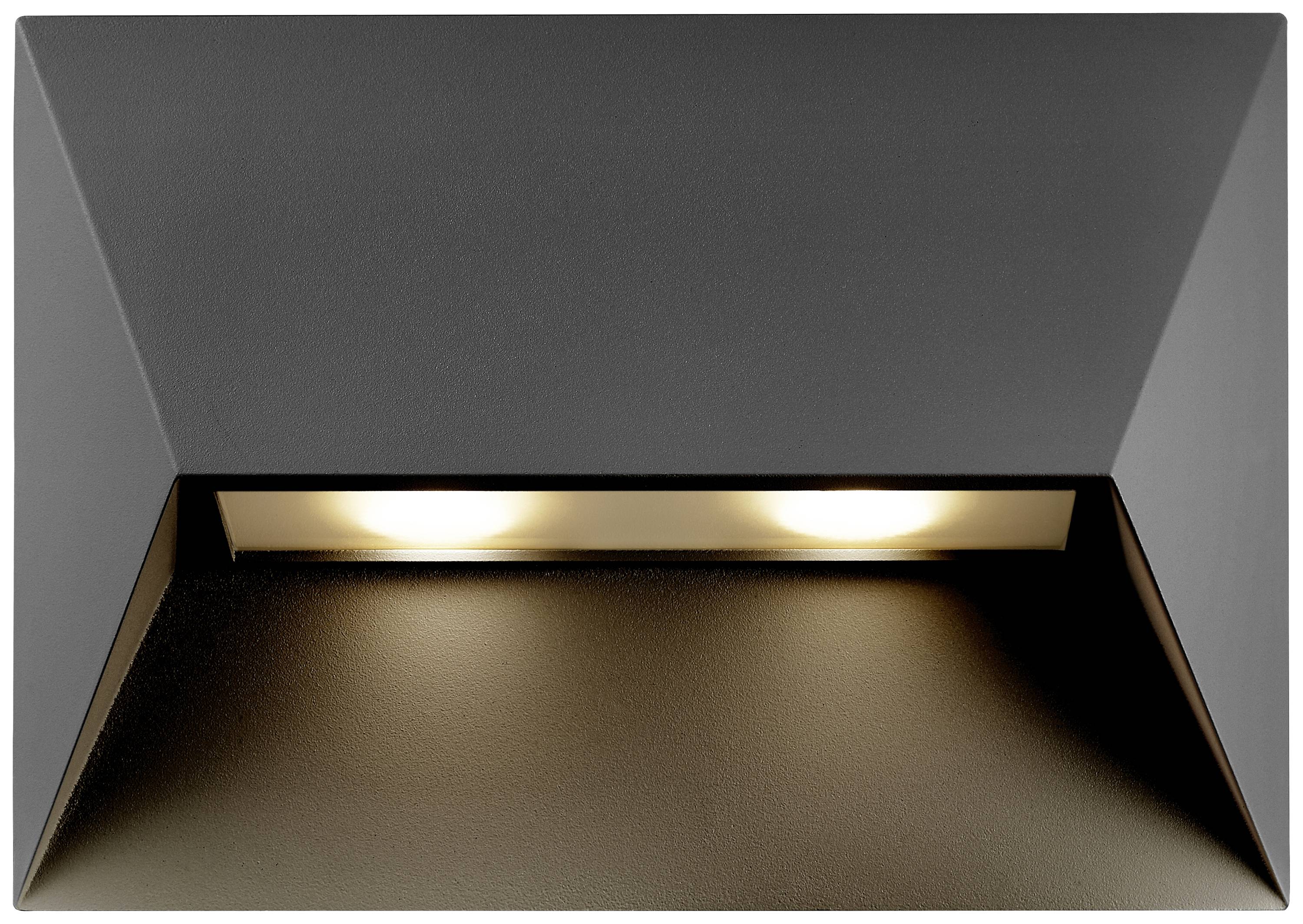 Eine moderne, schwarze Leuchte mit zwei integrierten Lichtern, die sanft leuchten. Ideal für elegante, schlichte Innenräume.