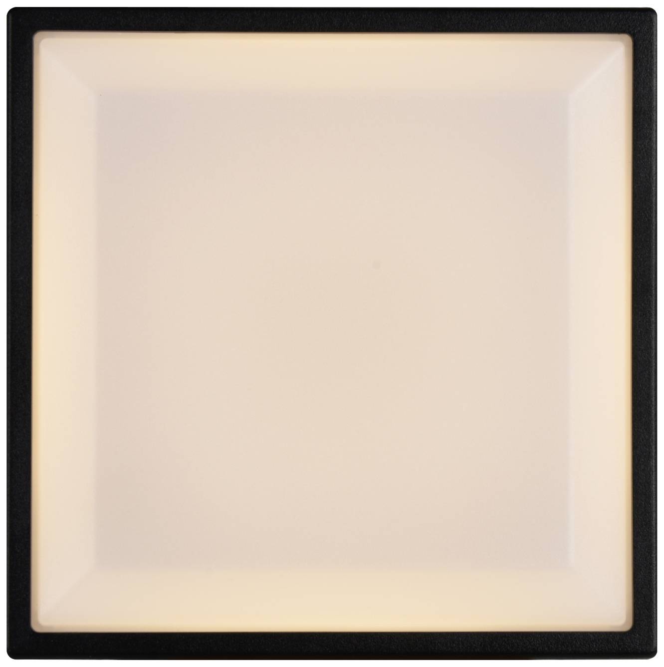 Quadratische, flache Deckenleuchte mit schwarzem Rahmen, die gleichmäßiges, warmweißes Licht abstrahlt.
