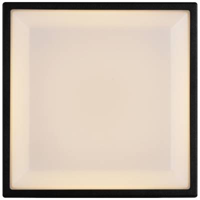 Quadratische, flache Deckenleuchte mit schwarzem Rahmen, die gleichmäßiges, warmweißes Licht abstrahlt.