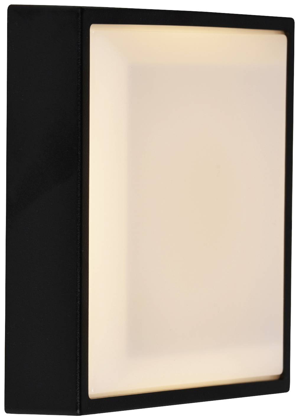 Schwarze, quadratische Wandleuchte mit diffuser Lichtabdeckung, die weiches, gleichmäßiges Licht abstrahlt.