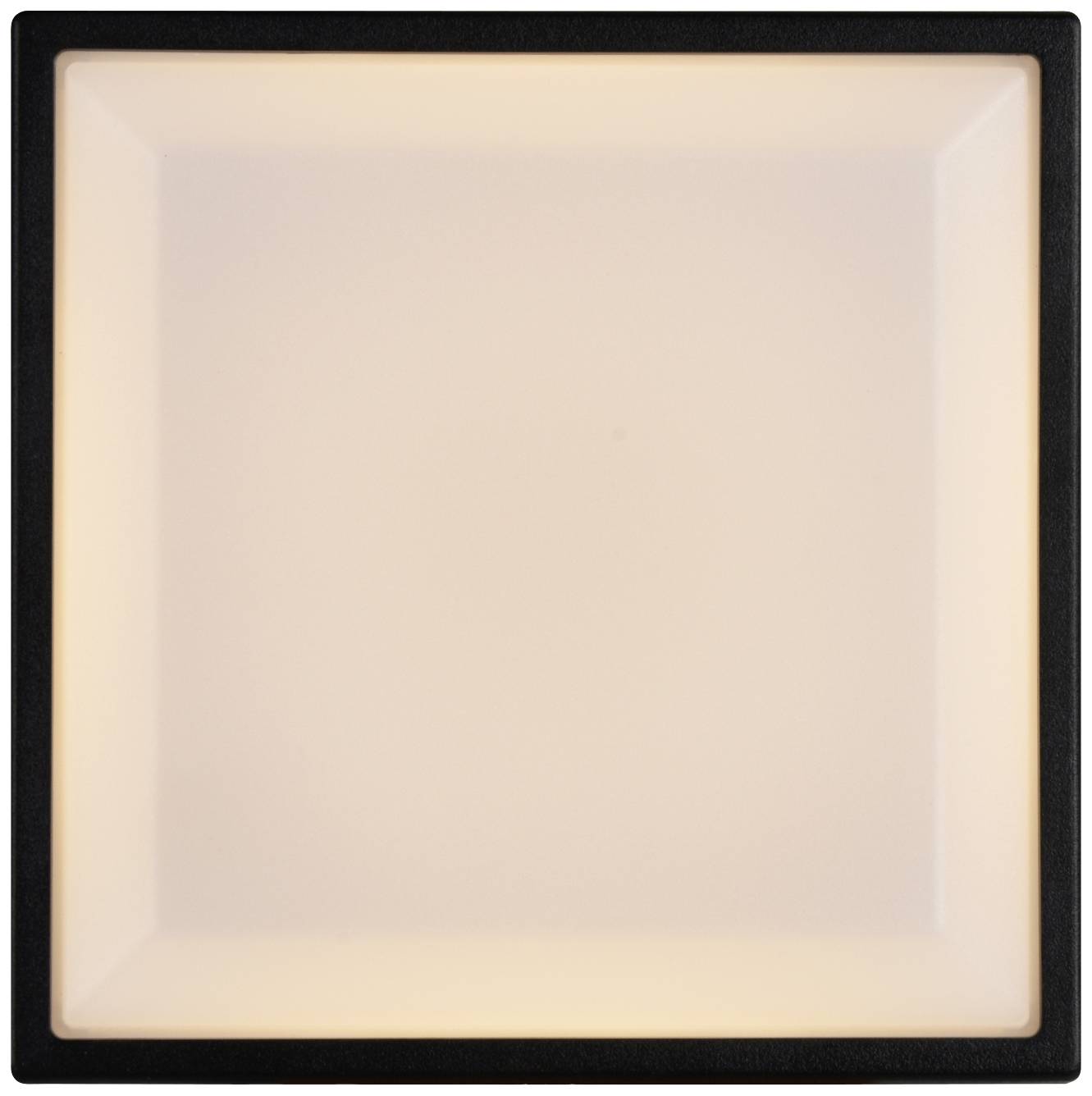 Quadratische Deckenleuchte mit schwarzem Rahmen und weichem, diffusen Licht. Minimalistisches Design für moderne Wohnräume.