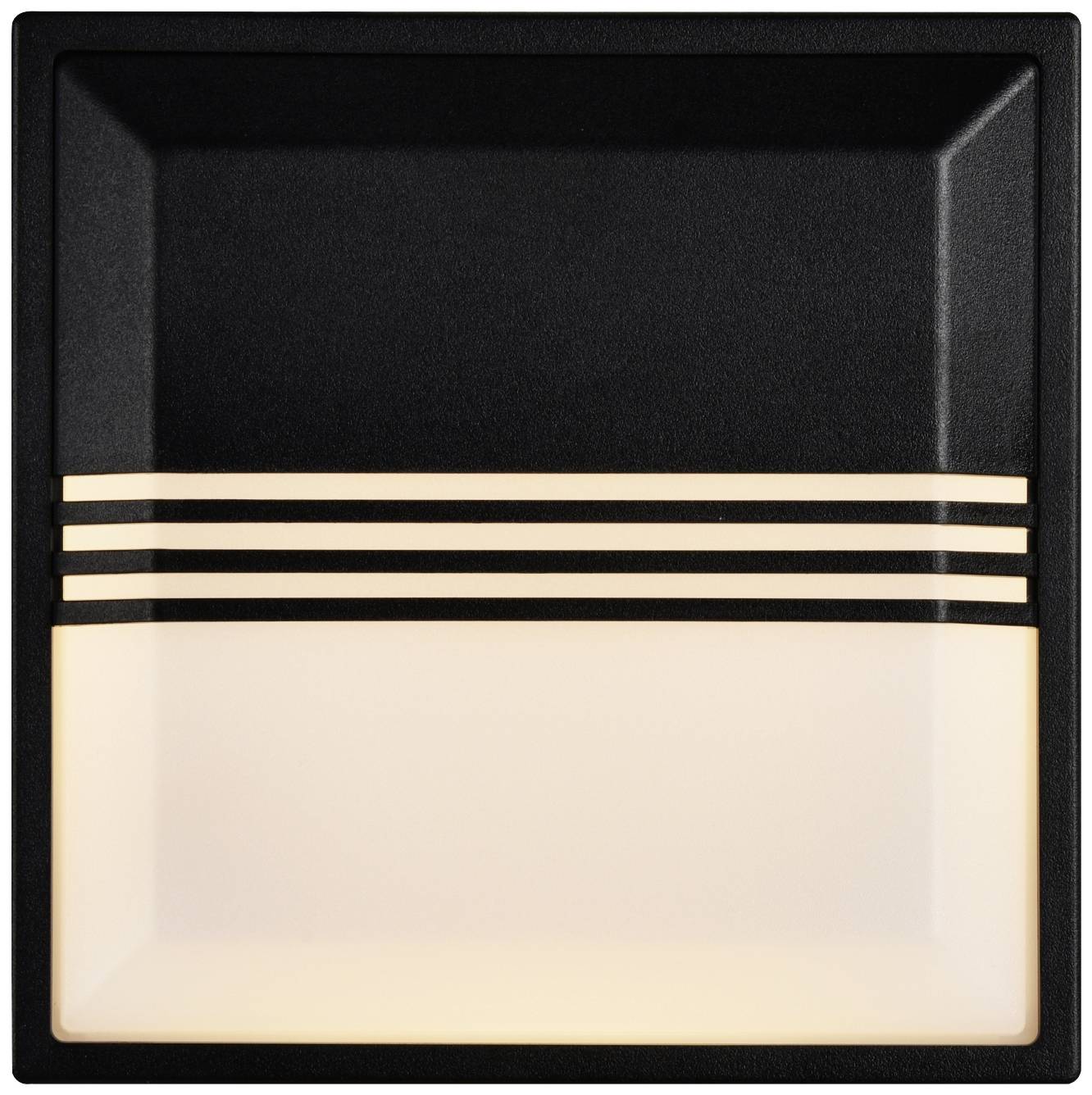 Schwarzes LED-Wandlicht mit drei horizontalen Leuchtstreifen über einer großen, leuchtenden Fläche; modernes Design.