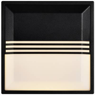 Schwarzes LED-Wandlicht mit drei horizontalen Leuchtstreifen über einer großen, leuchtenden Fläche; modernes Design.