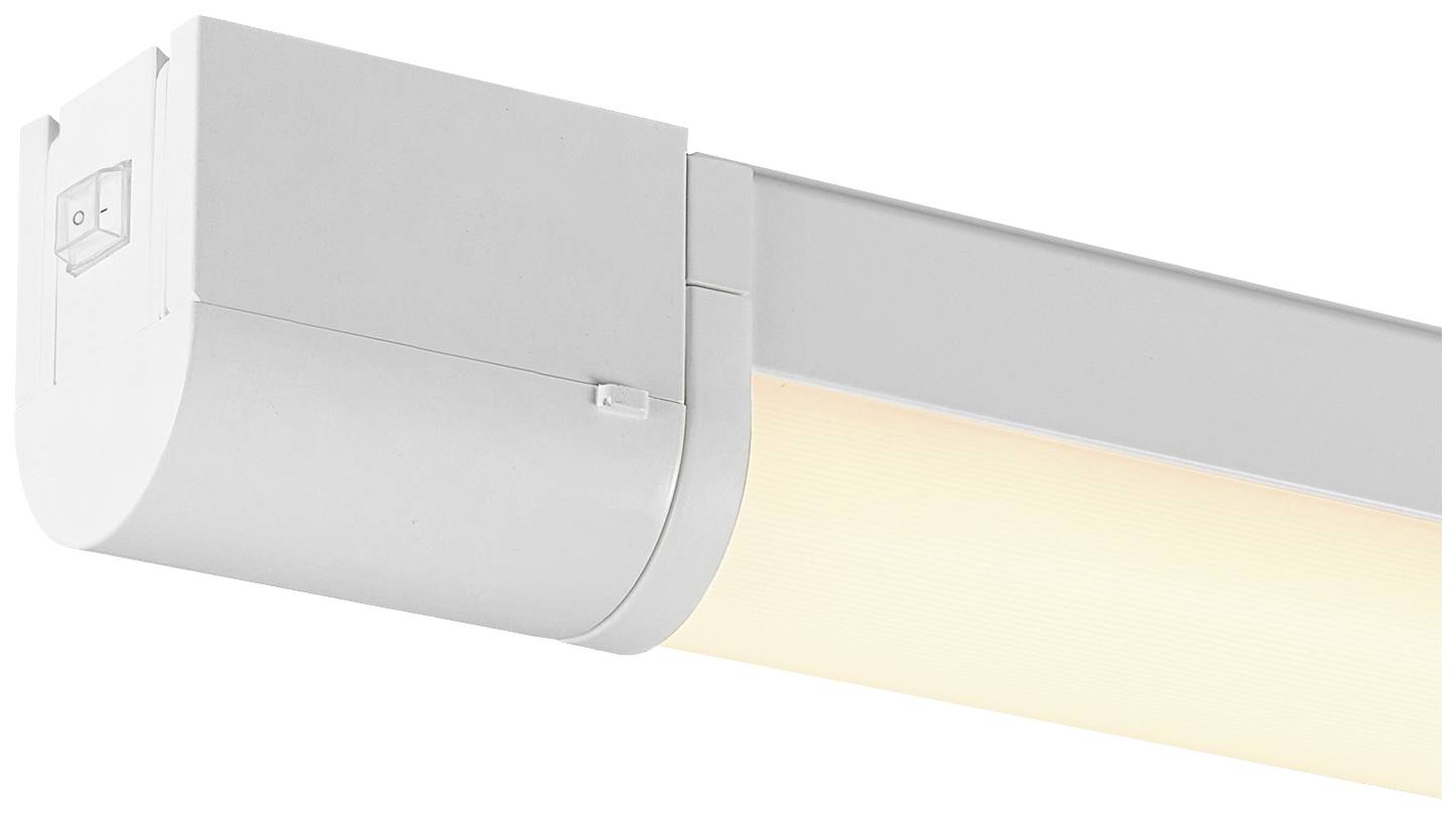 Weiße LED-Leuchte mit rechteckigem Design, geeignet für Deckenmontage, strahlt sanftes, warmes Licht aus.