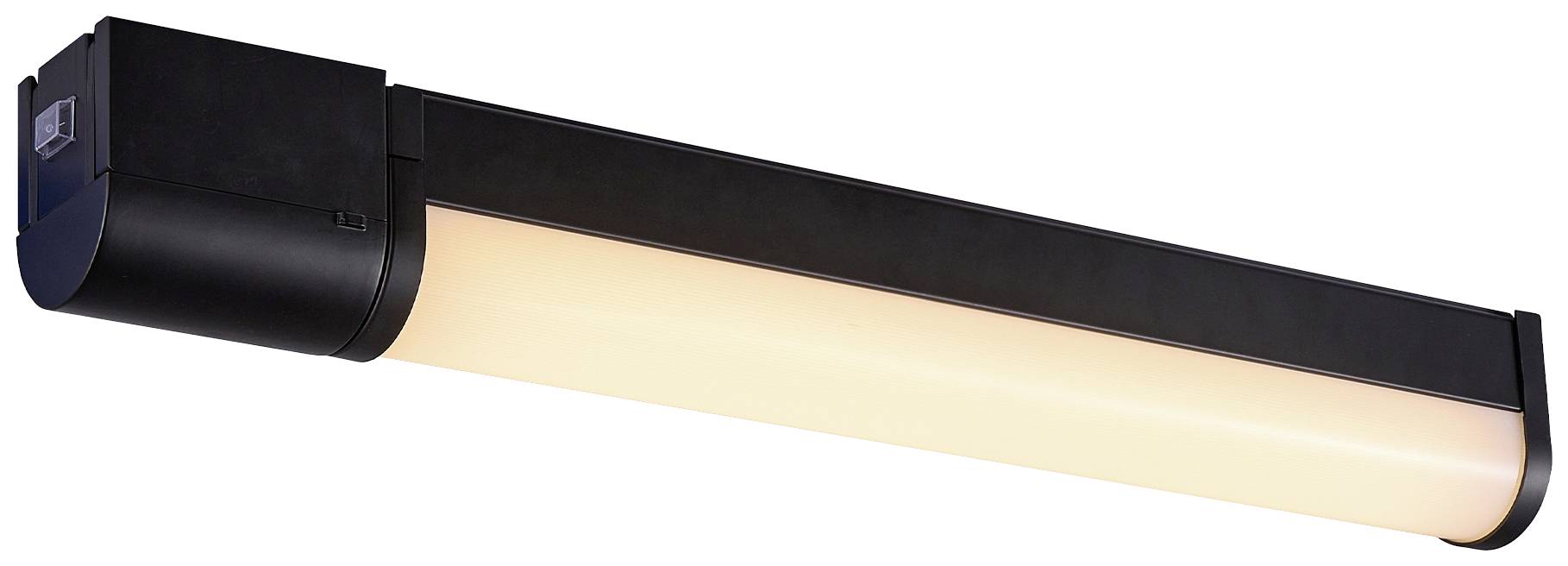 Ein länglicher LED-Leuchtstab mit schwarzem Gehäuse, leuchtend in warmem Weißton. Geeignet für moderne Innenbeleuchtung.
