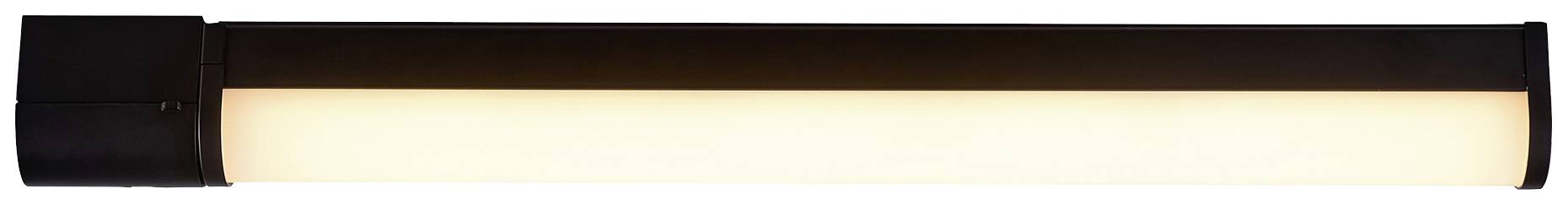 Schwarze, rechteckige Wandleuchte mit einem länglichen, weißen Diffusor in der Mitte, ausstrahlendes warmes Licht.