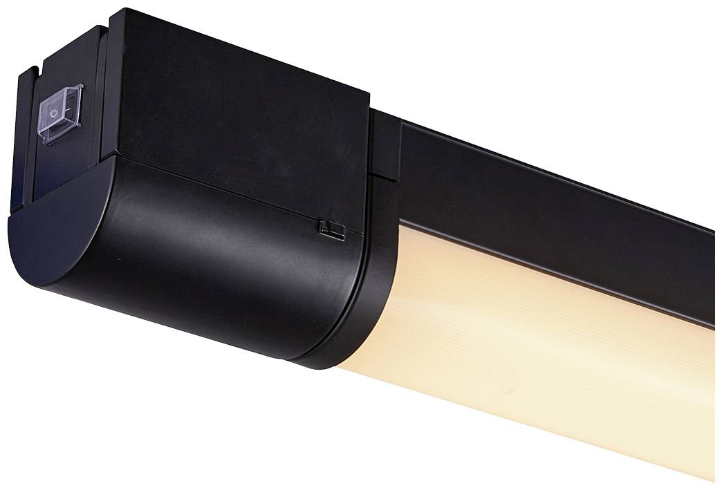 LED-Lichtleiste mit schwarzem Gehäuse und milchiger Abdeckung, die eine gleichmäßige Lichtverteilung bietet.