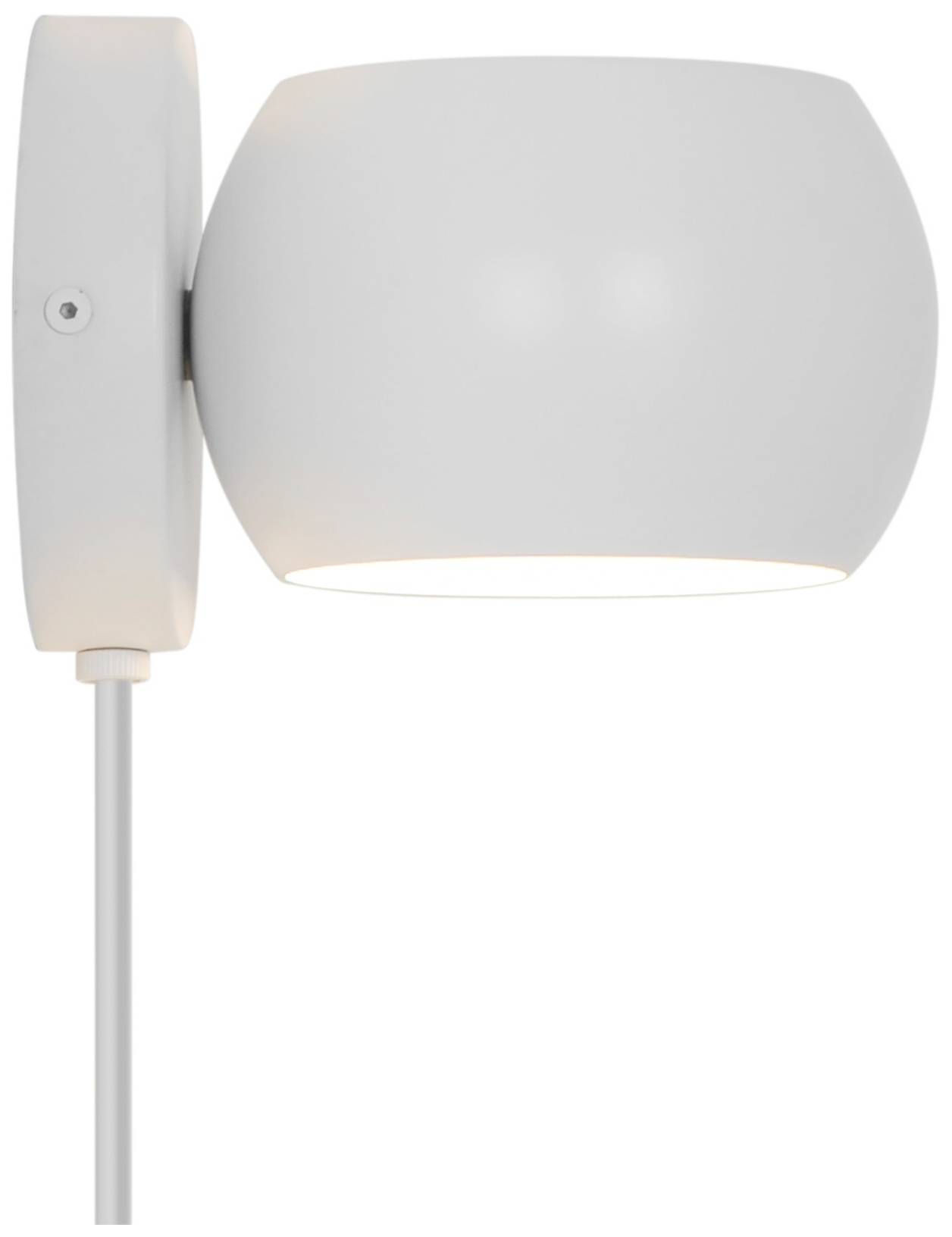 Eine moderne, kugelförmige Wandlampe in Weiß, die an einer Wand montiert ist. Sie hat ein minimalistisches Design und ist eingeschaltet.